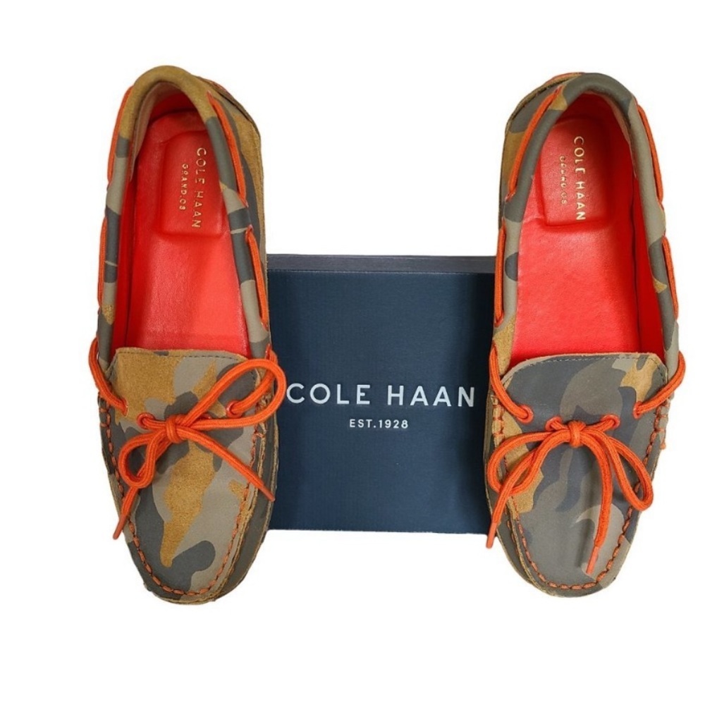 Cole Haan Camo orange slip on drivers leather uppers SZ 5.5 Gently worn 2x